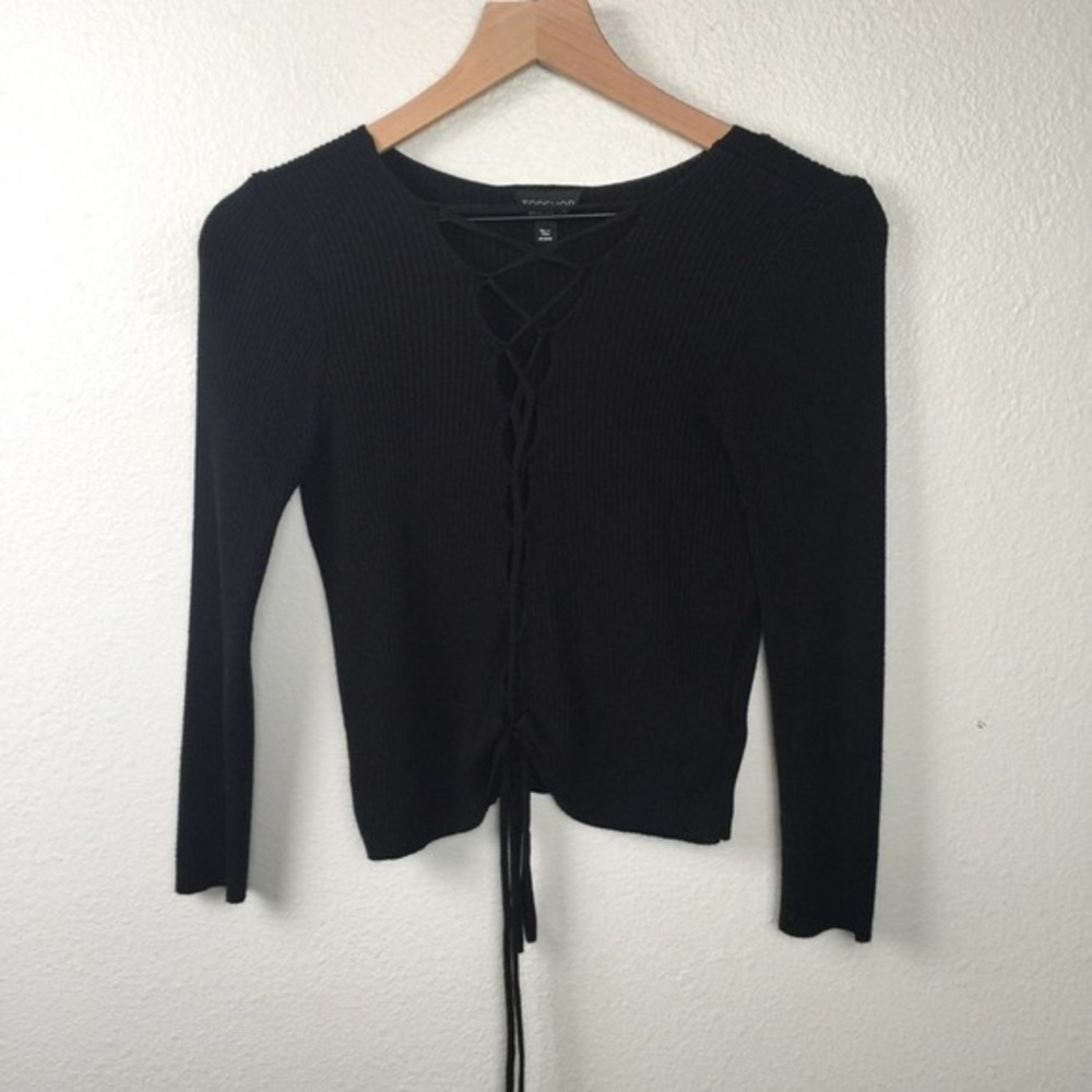 TOP SHOP Black lace up front 3/4 sleeve top